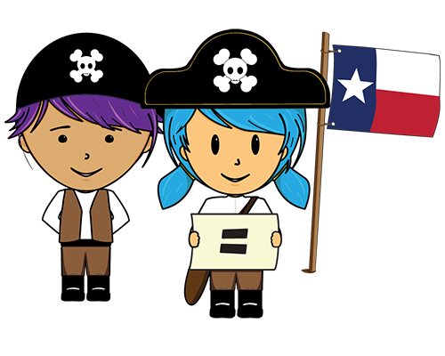 two young kids in a pirate outfits beside the Texas state flag